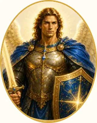 Figura angelica con armatura, mantello blu, spada e scudo