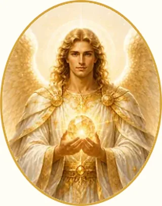 Figura angelica con vesti dorate e una luce tra le mani