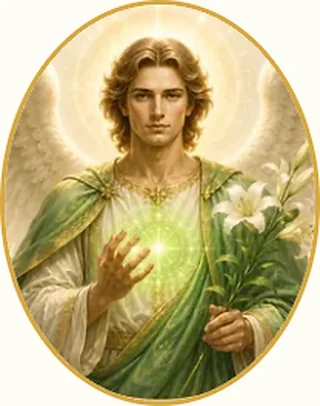 Figura angelica con mantello verde e fiori bianchi