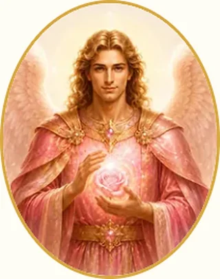 Figura angelica con vesti rosa e una luce rosata tra le mani