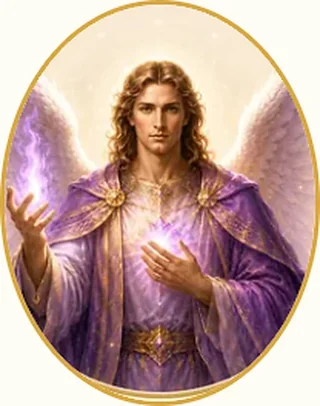 Figura angelica con mantello viola e una fiamma violetta