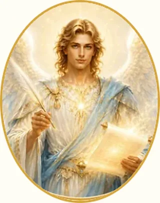 Figura angelica con mantello azzurro, penna e pergamena